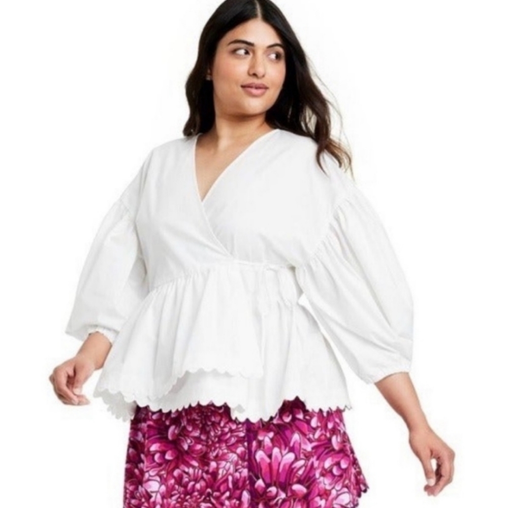 Kika Vargas white puff sleeve plus size wrap shirt